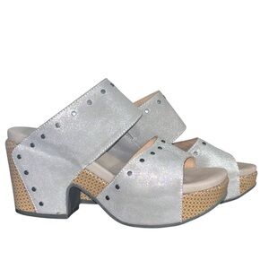 Naked Feet Beslow Leather Platform Slide Sandal Chunky Heel Silver 8